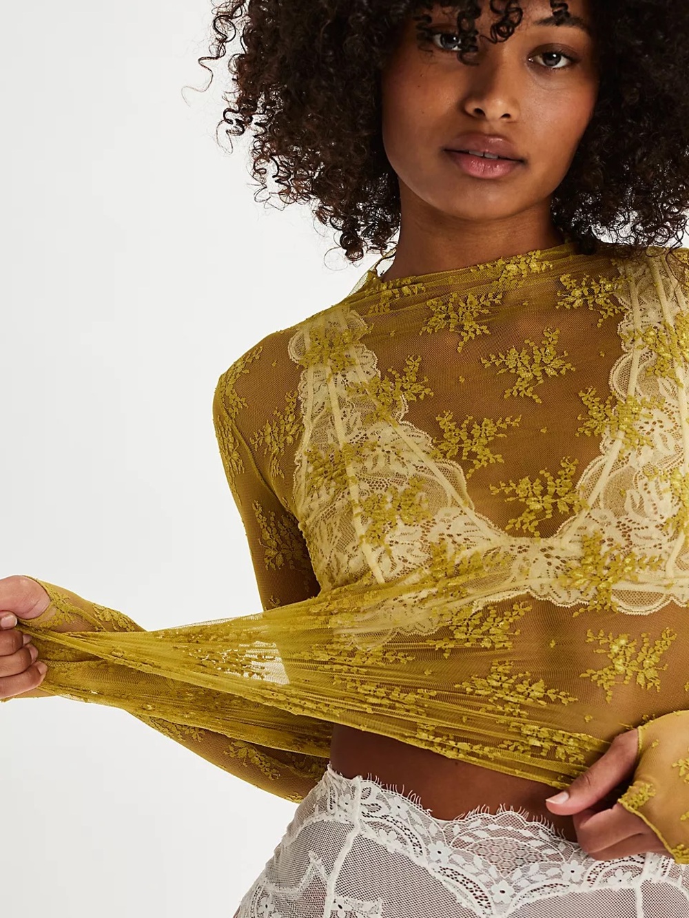 Free People Lady Lux Lace Layering Top NWT Acid Moss Mustard Yellow